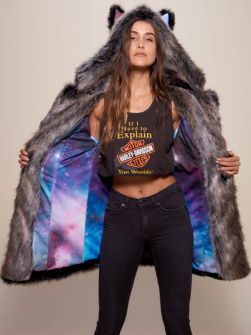 Woman wearing Classic Grey Wolf Galaxy Collector Faux Fur Coat, front view 1
