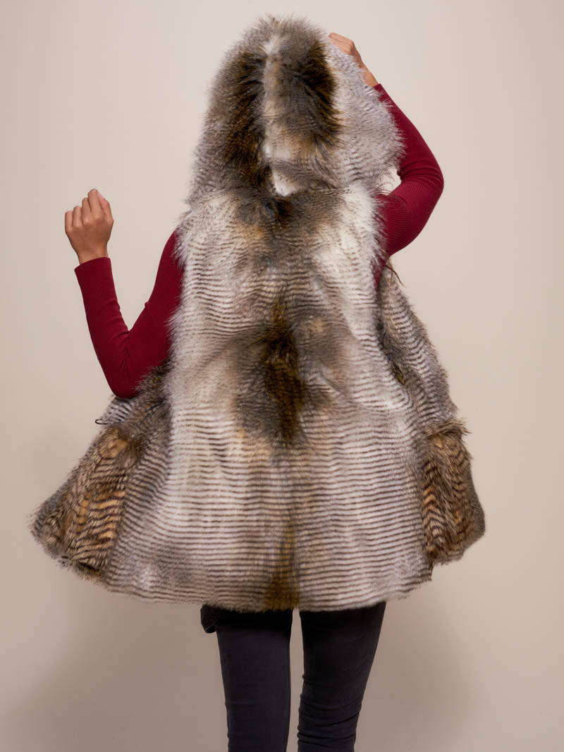 Woman wearing Alaskan Hawk Hooded Faux Fur Vest, back view