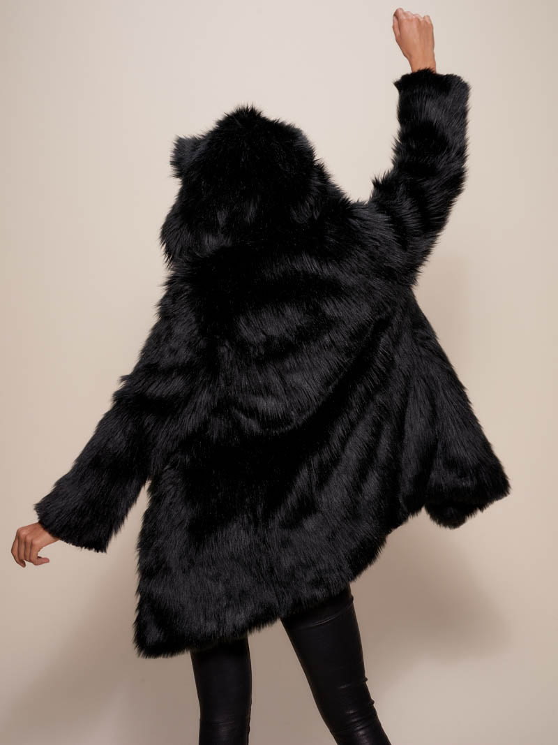 Woman wearing Collector Edition Black Wolf Faux Fur Coat, back view