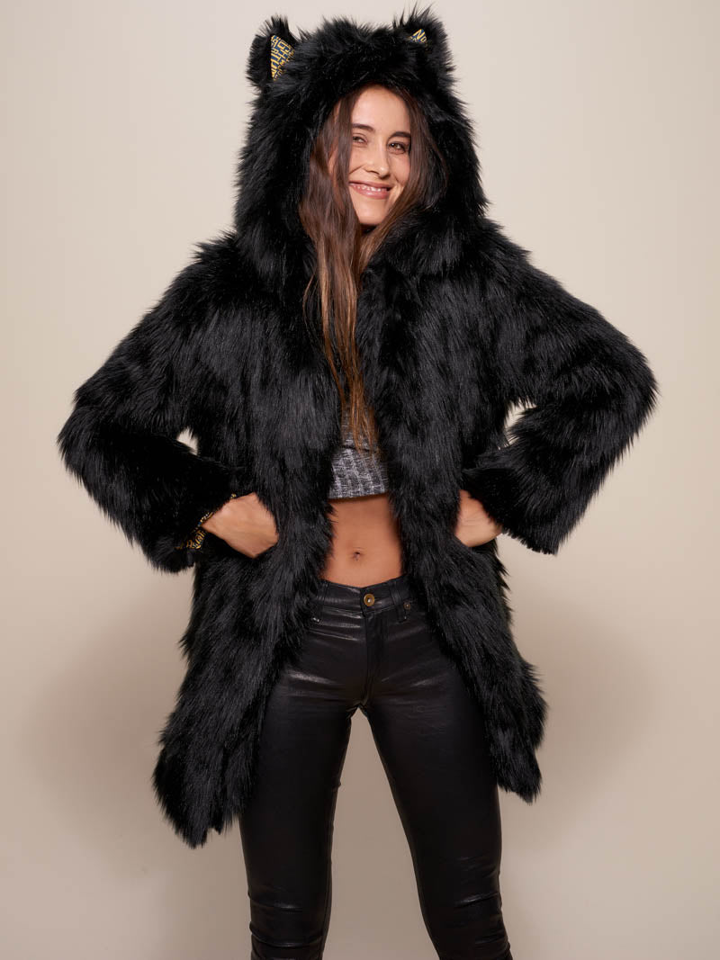 Woman wearing Collector Edition Black Wolf Faux Fur Coat, front view 1