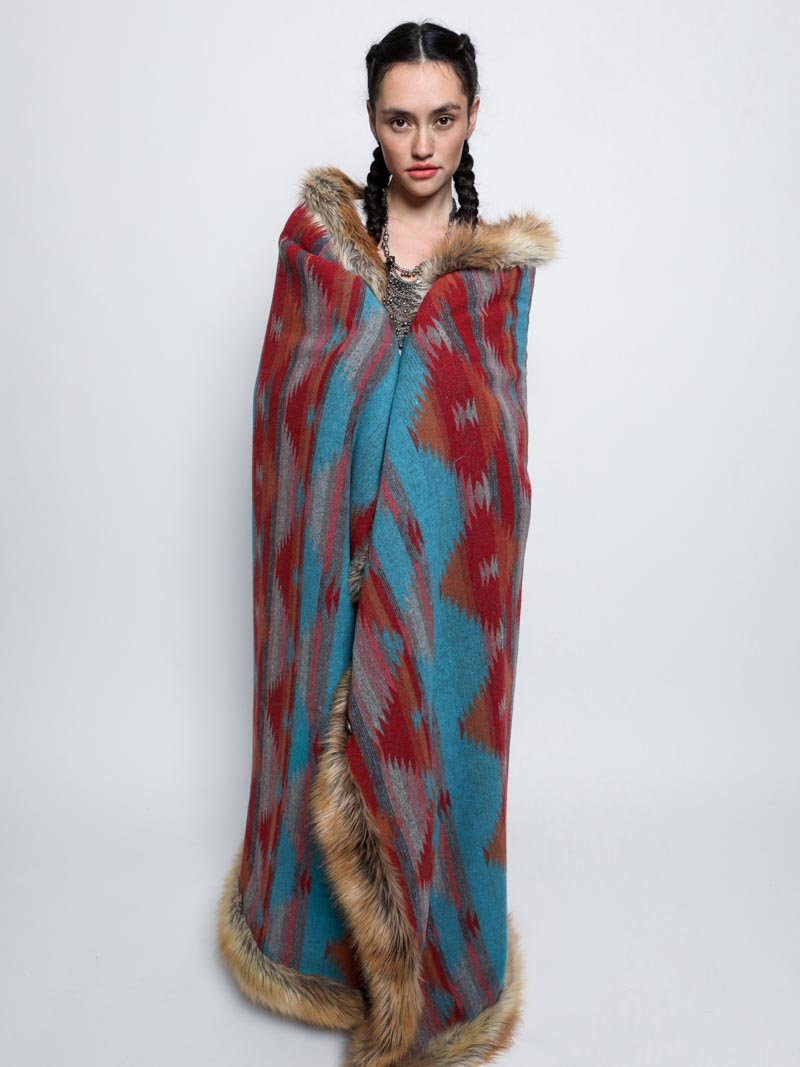 Woman Wrapped in Sunset Fox Faux Fur Throw