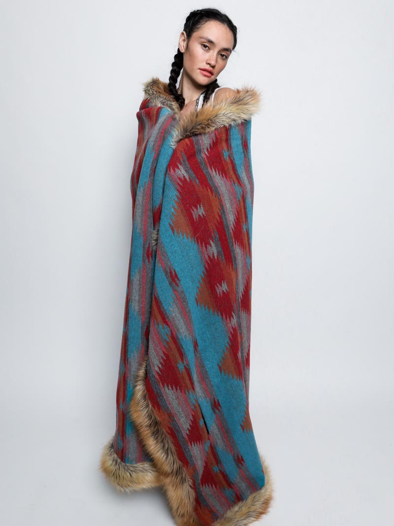 Woman Holding Faux Fur Throw in Sunset Fox Design
