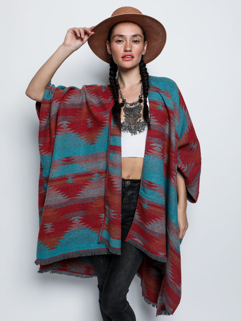 Orange, Pink, and Teal Sunset Fox Poncho on Female