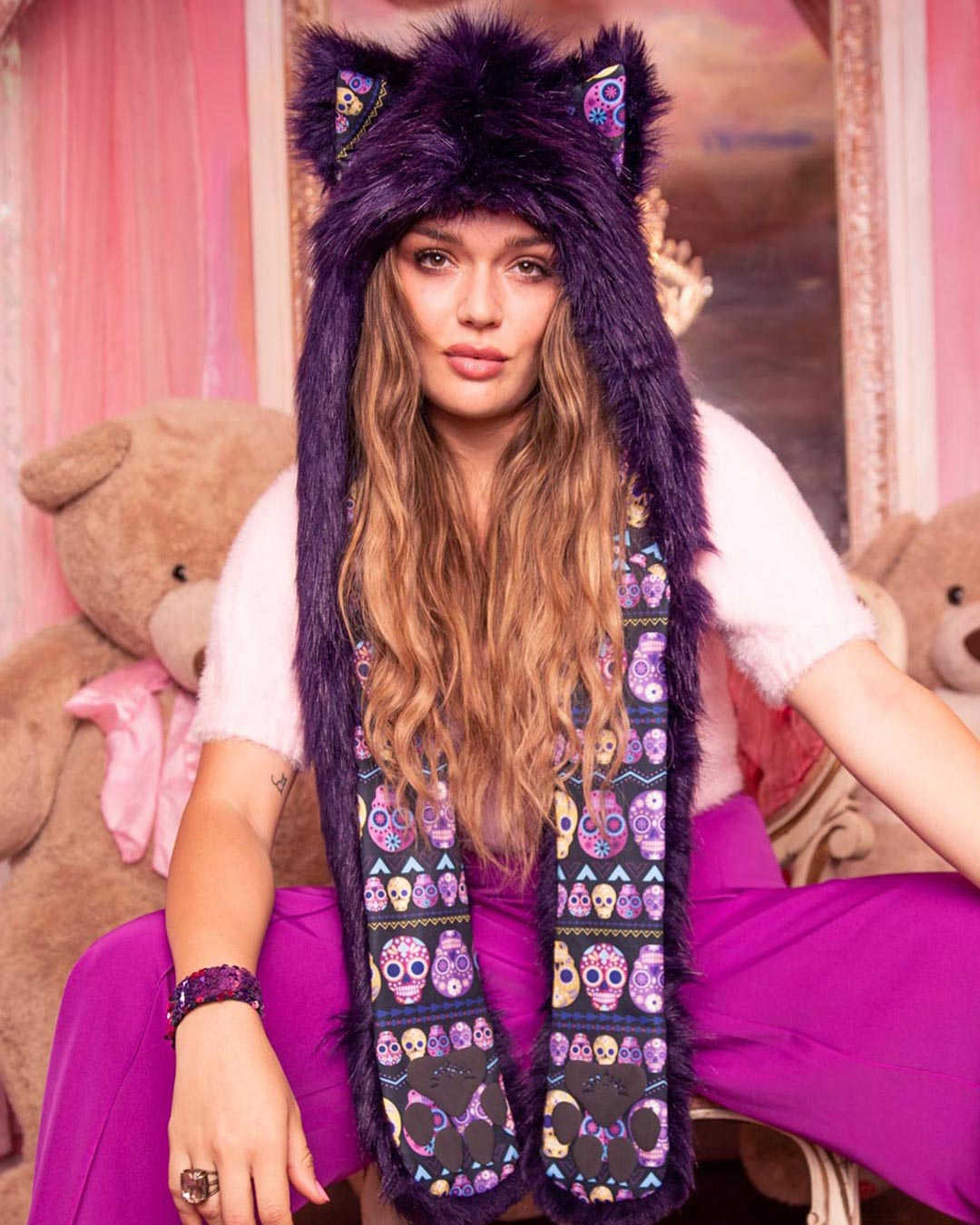 Woman wearing Collector Edition Sangria Wolf Faux Fur SpiritHood