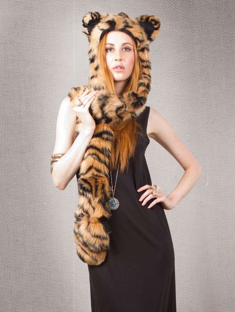 Tiger Design Faux Fur with Hood on Female