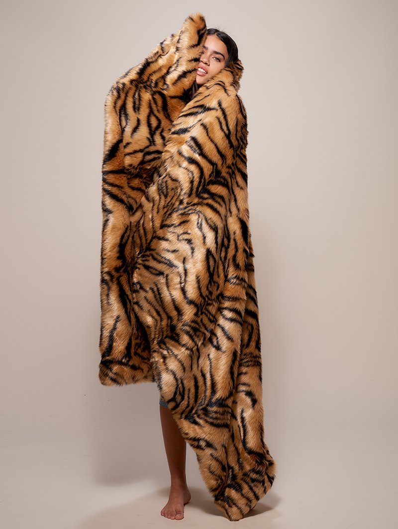 Female Model Wrapped Up in SpiritHoods Tiger Throw 