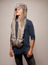 Man wearing faux fur Collector Edition Arctic Wolf Galaxy SpiritHood, side view 1