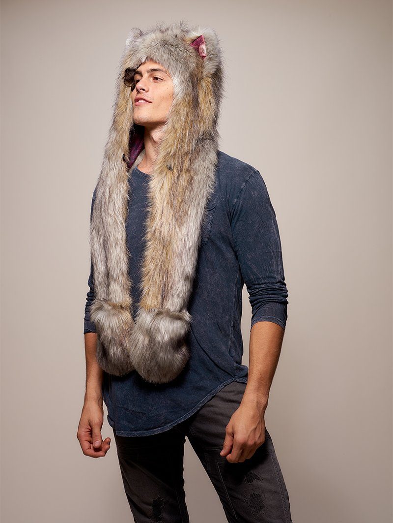 Man wearing faux fur Collector Edition Arctic Wolf Galaxy SpiritHood, side view 1