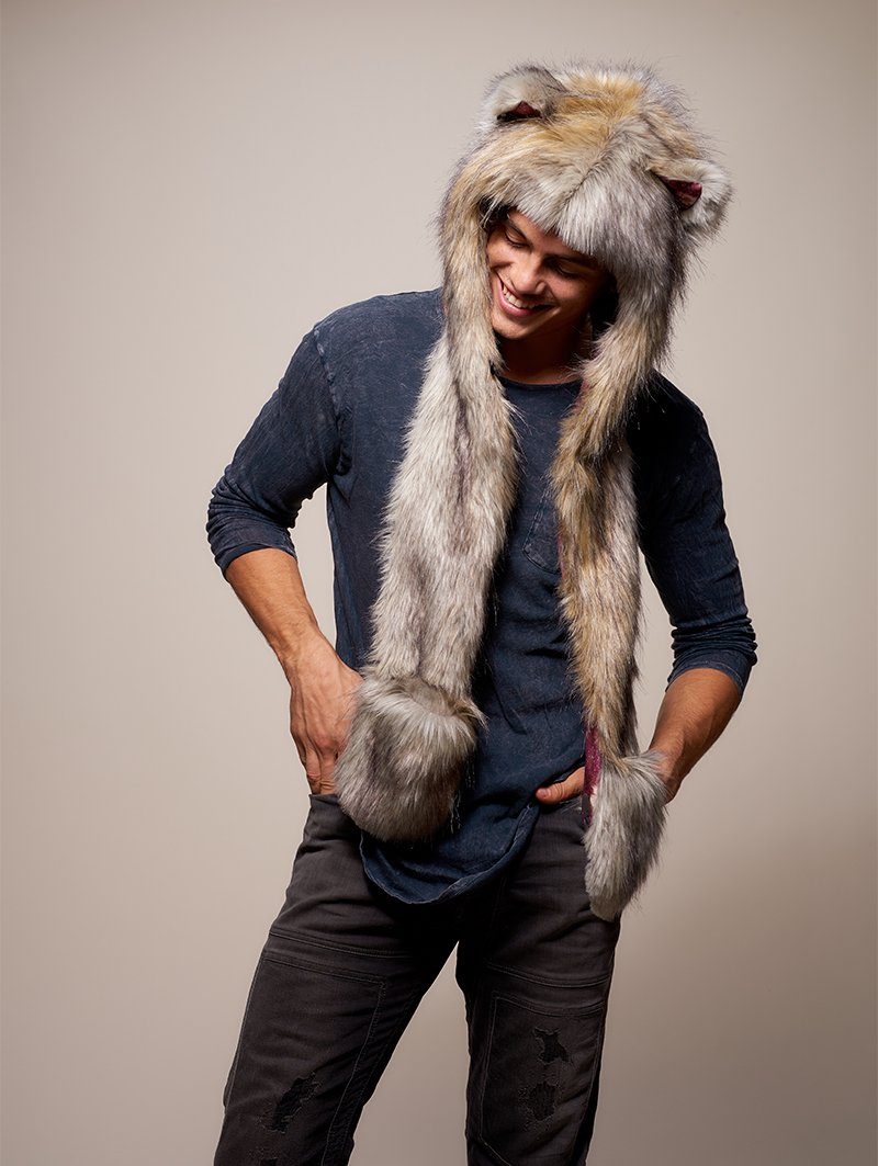 Man wearing faux fur Collector Edition Arctic Wolf Galaxy SpiritHood, front view 4
