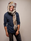 Man wearing faux fur Collector Edition Arctic Wolf Galaxy SpiritHood, front view 2