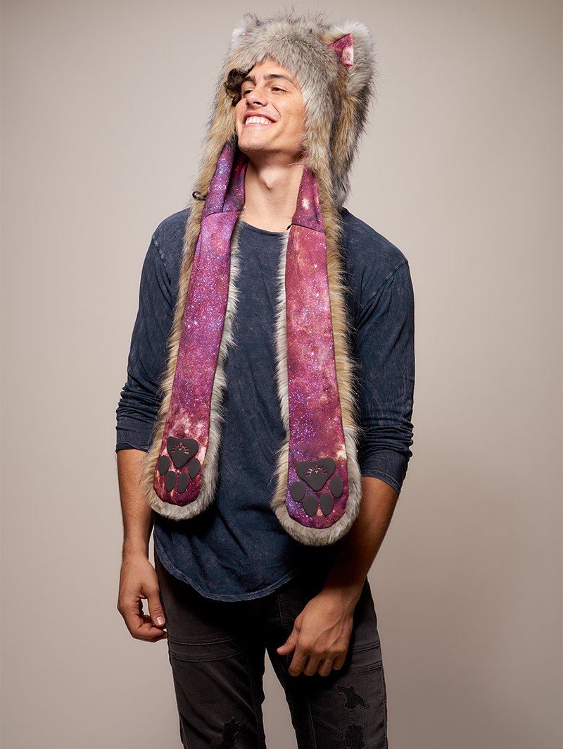 Man wearing faux fur Collector Edition Arctic Wolf Galaxy SpiritHood, front view 5