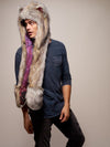 Man wearing faux fur Collector Edition Arctic Wolf Galaxy SpiritHood, side view 2