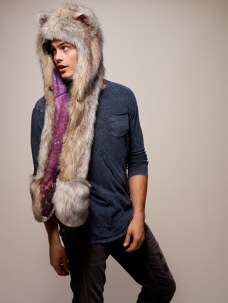 Man wearing faux fur Collector Edition Arctic Wolf Galaxy SpiritHood, side view 2