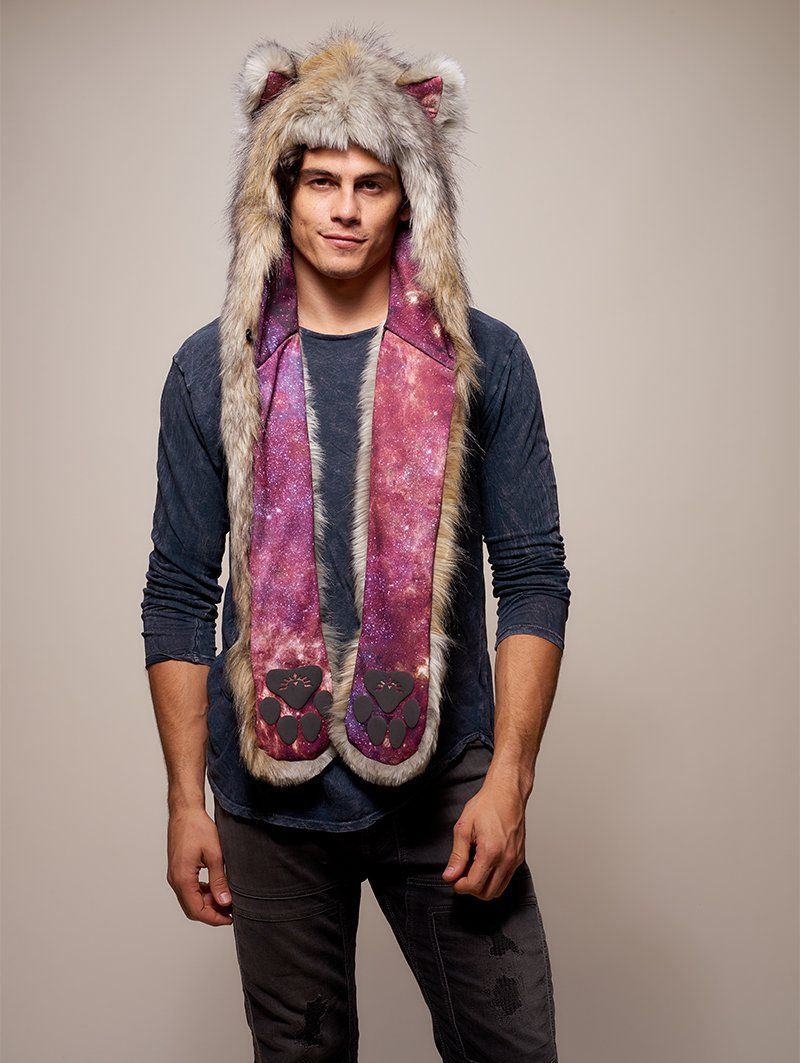 Man wearing faux fur Collector Edition Arctic Wolf Galaxy SpiritHood, front view 1