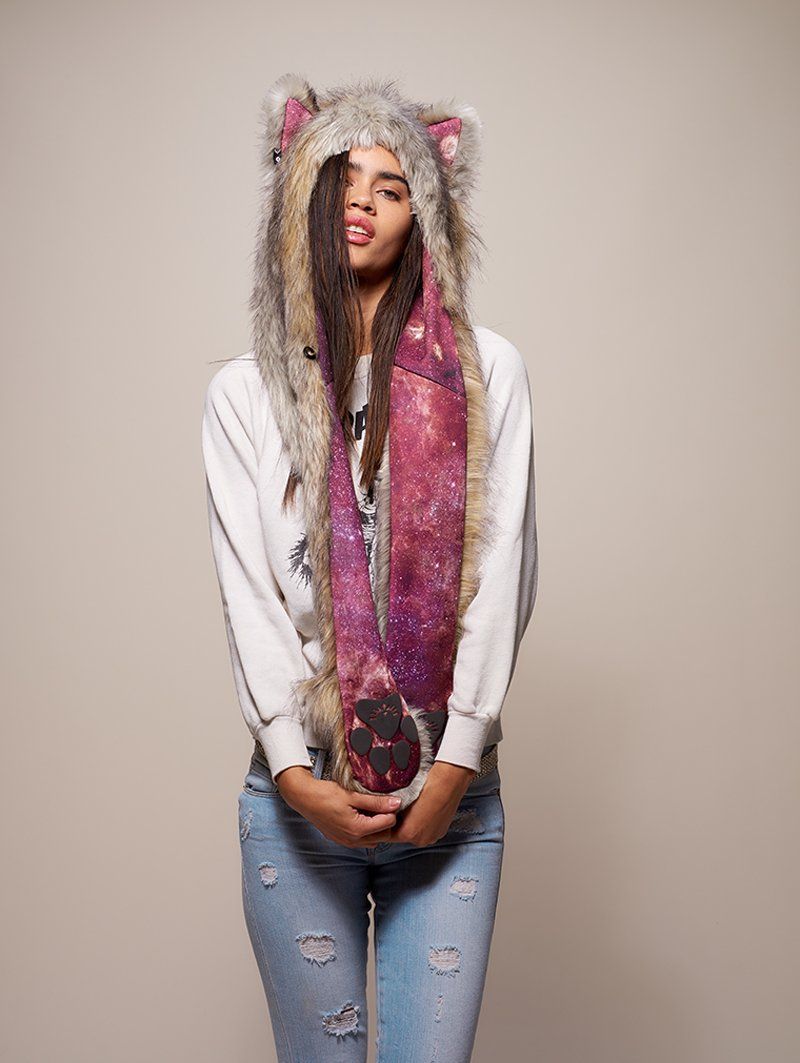 Woman wearing faux fur Collector Edition Arctic Wolf Galaxy SpiritHood, front view 1