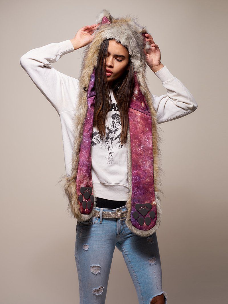 Woman wearing faux fur Collector Edition Arctic Wolf Galaxy SpiritHood, front view