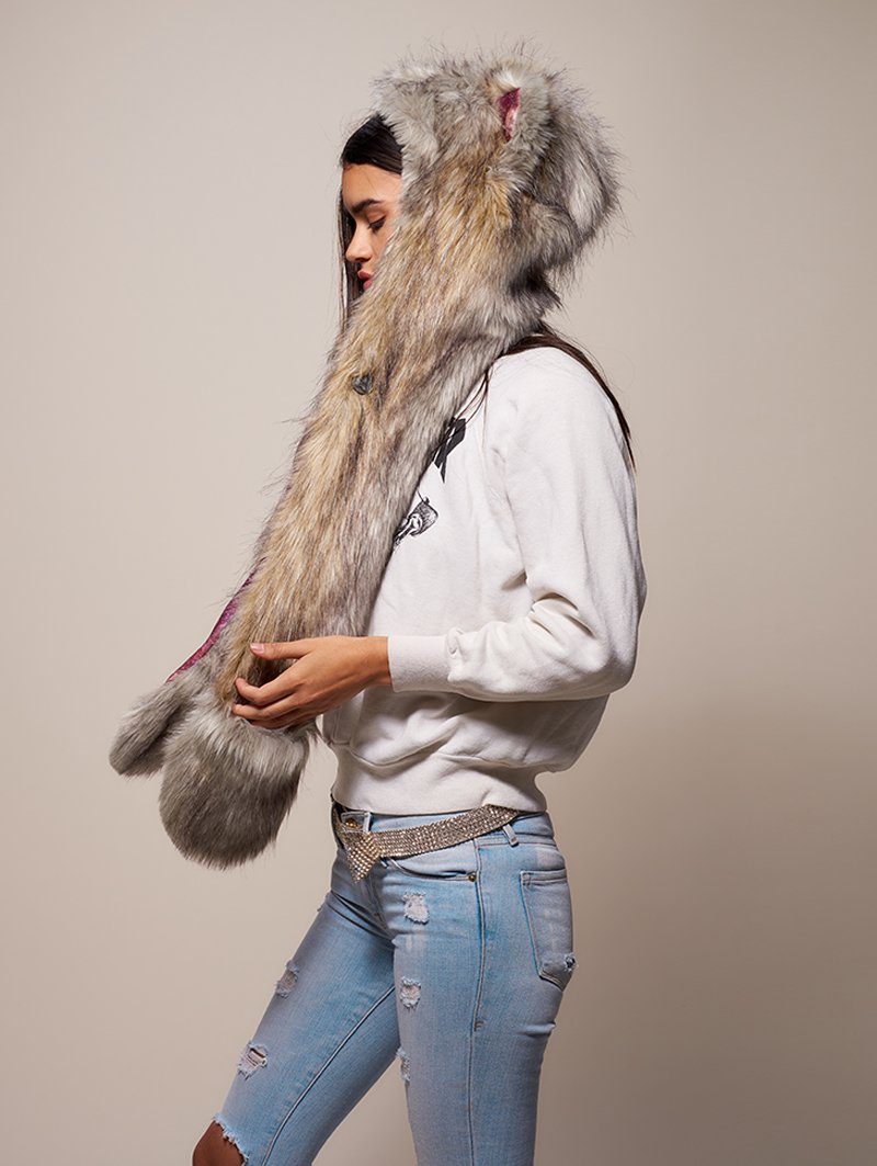 Woman wearing faux fur Collector Edition Arctic Wolf Galaxy SpiritHood, side view