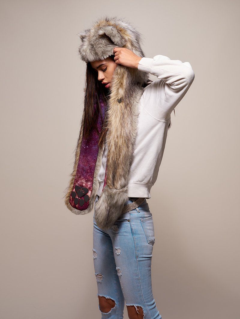 Woman wearing faux fur Collector Edition Arctic Wolf Galaxy SpiritHood, side view 2