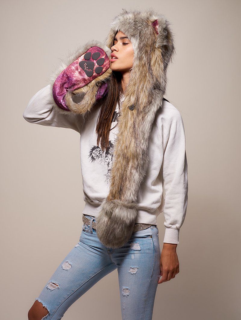 Woman wearing faux fur Collector Edition Arctic Wolf Galaxy SpiritHood, side view 1