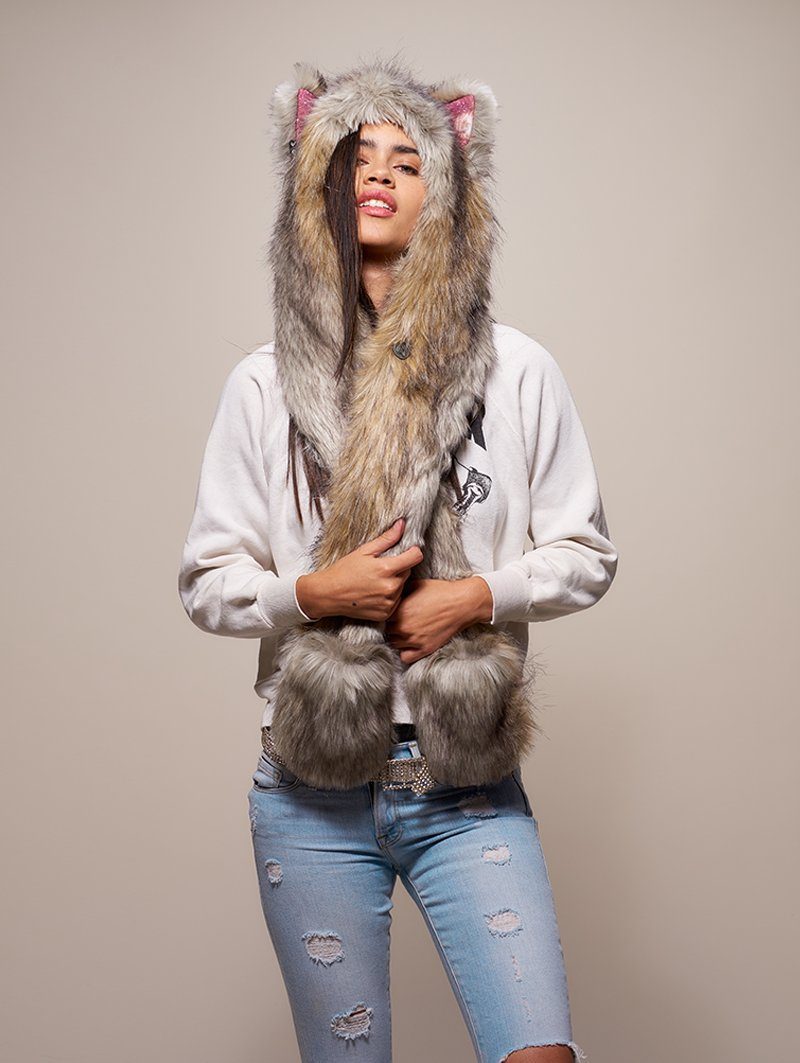 Woman wearing faux fur Collector Edition Arctic Wolf Galaxy SpiritHood