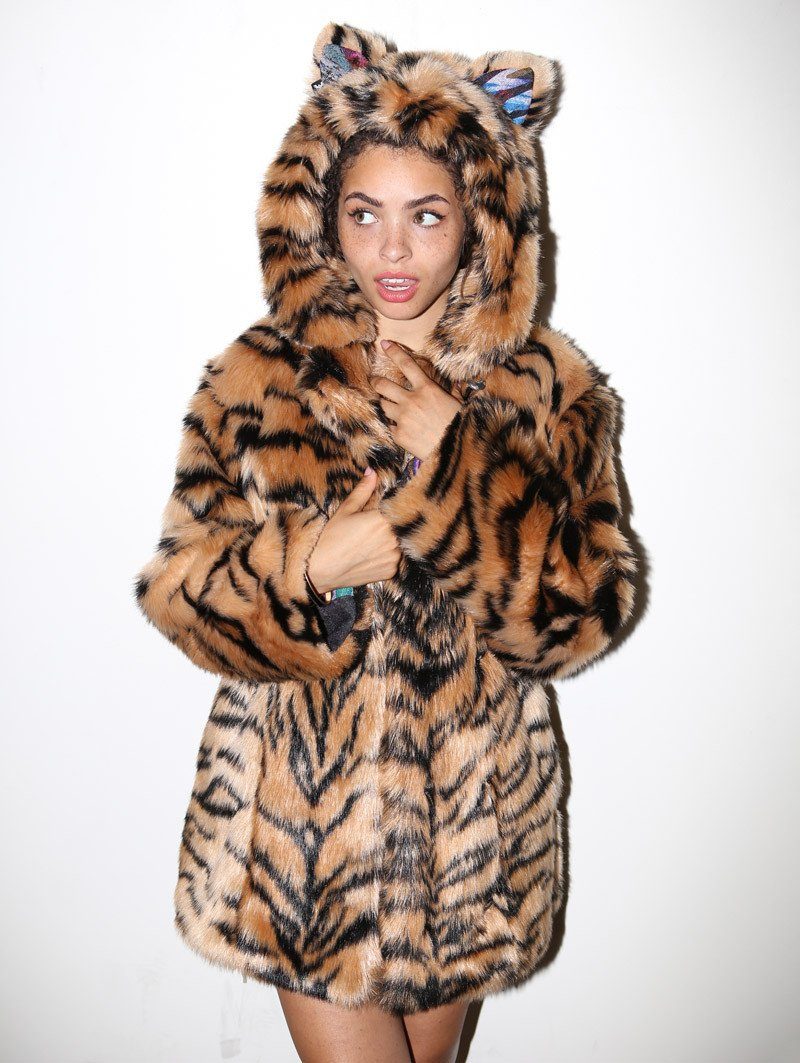 Orange and Black Tiger Faux Fur SpiritHood Coat on Female