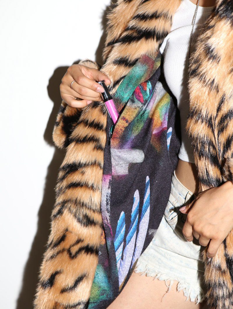 Close Up of Inner Pocket on Tiger Faux Fur SpiritHood Coat