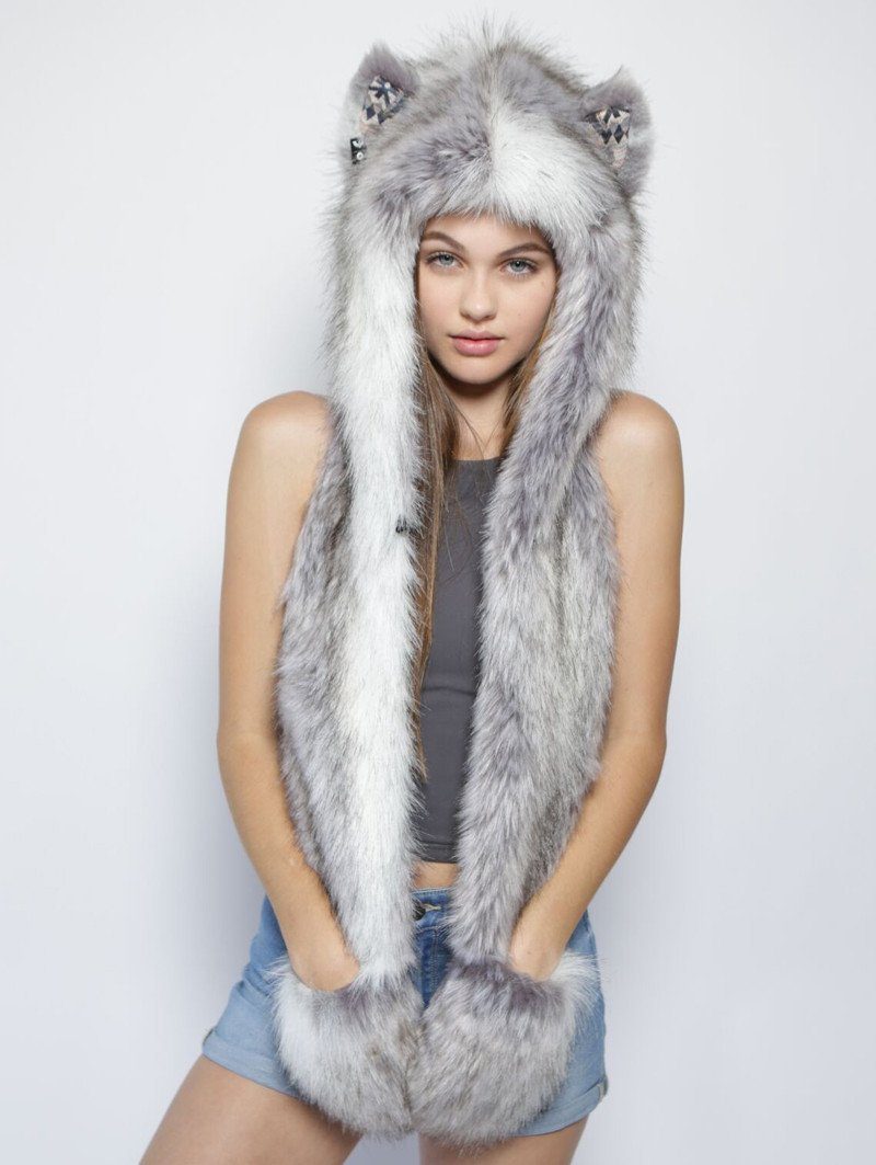 Hooded Faux Fur with Timber Wolf Design