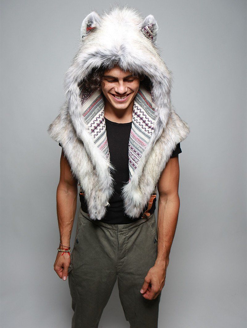 Smiling Male Model Wearing Timber Wolf Collector Shawl with Striped Liner Showing