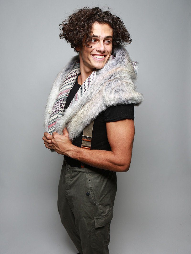 Model Wearing Timber Wolf Collector Faux Fur Shawl with Liner Exposed