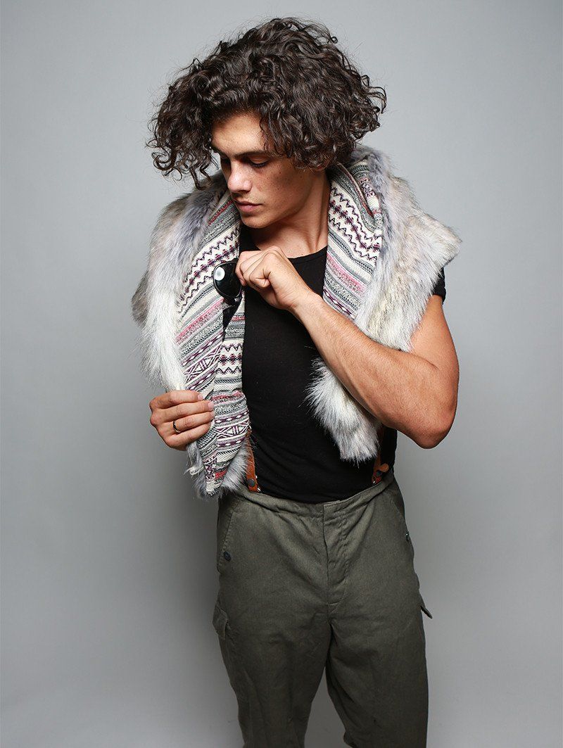 Male Model Shows Inner Pocket on Timber Wolf Collector Faux Fur Shawl 