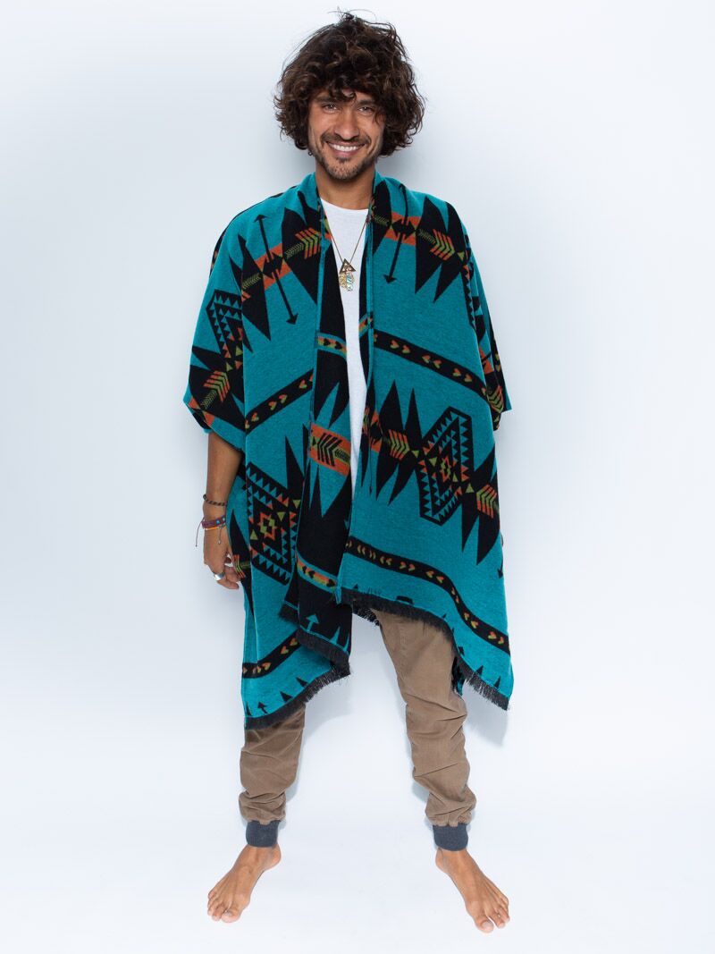 Man wearing Grey Wolf Fabric Poncho, front view 2