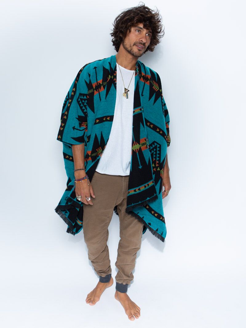 Man wearing Grey Wolf Fabric Poncho, front view 3