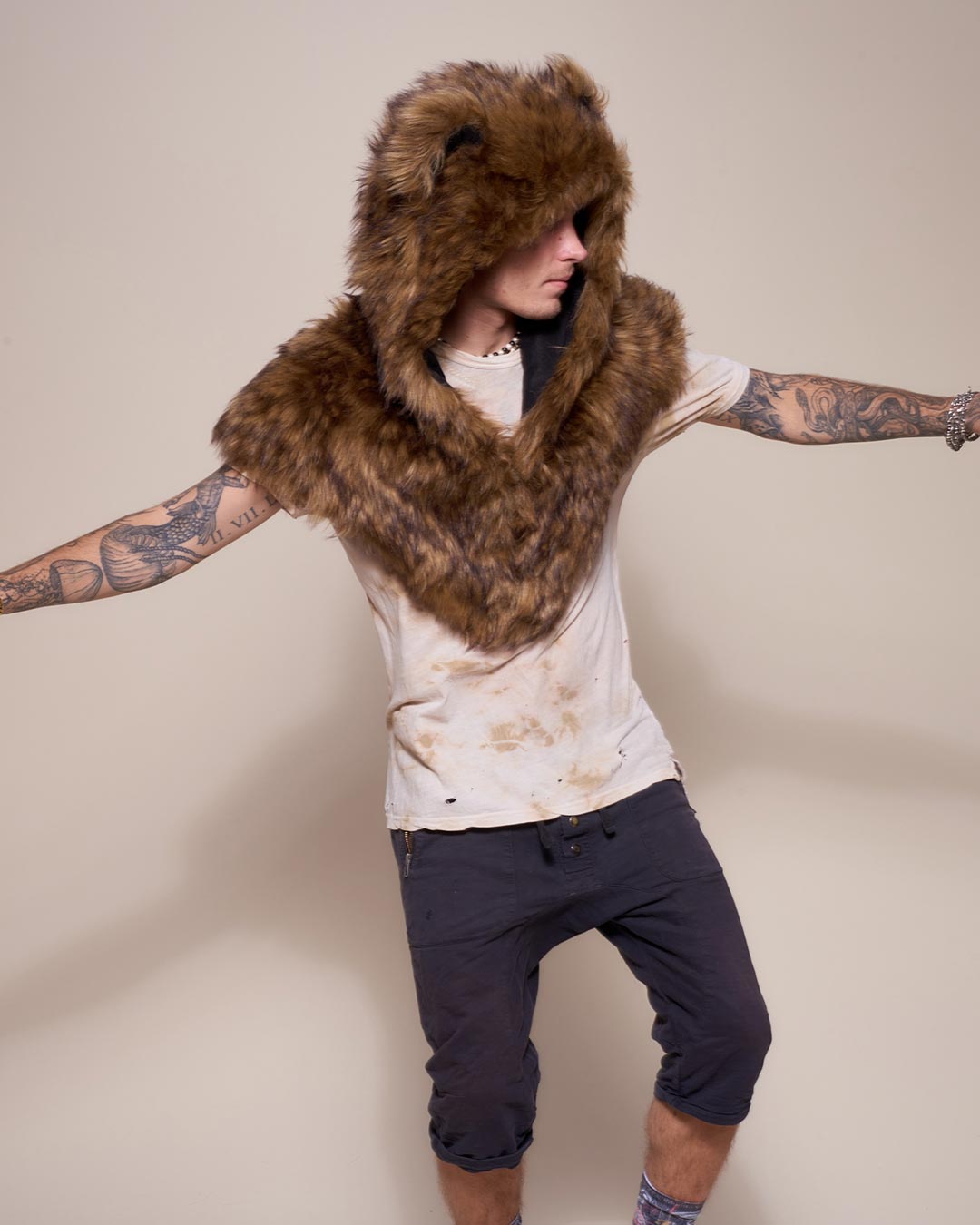 Man wearing Grizzly Bear Collector Edition Faux Fur Shawl, front view 1