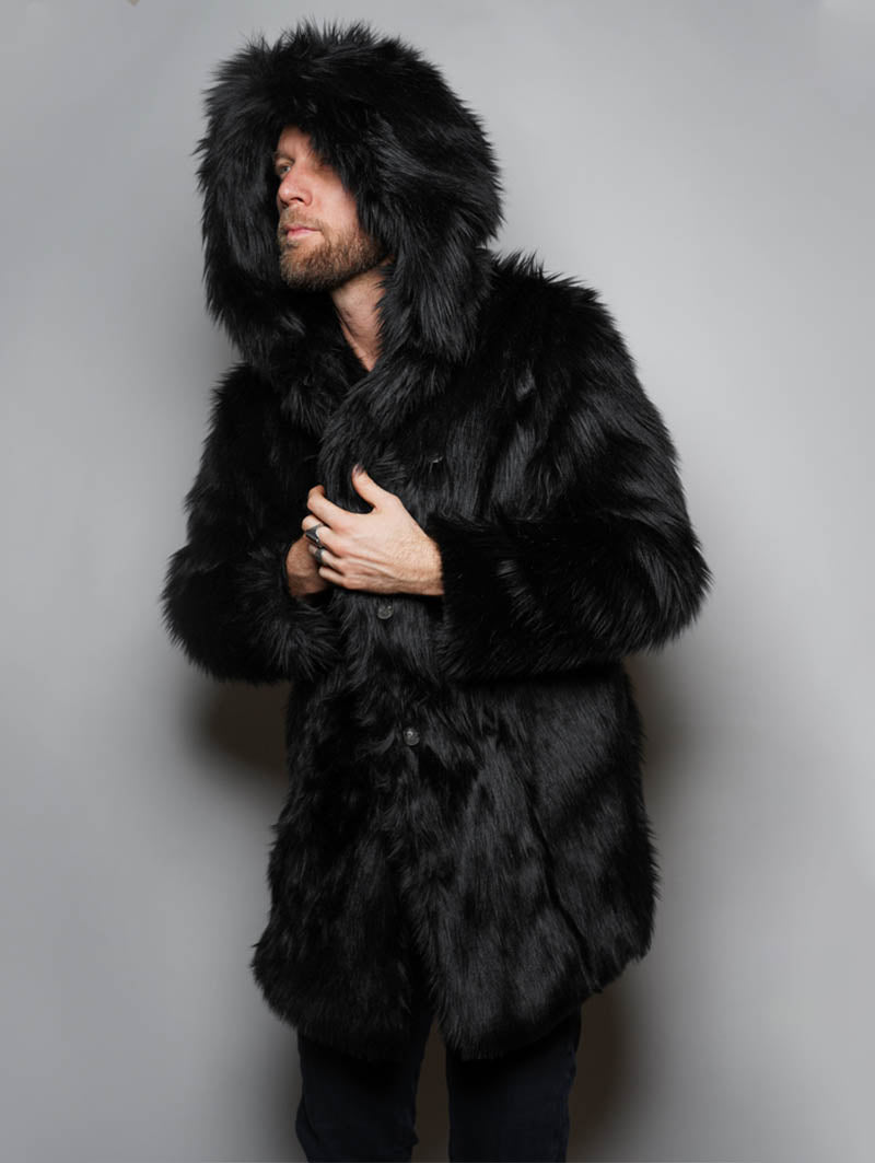 Black Wolf Plaid Hooded Faux Fur Coat | Men&#39;s
