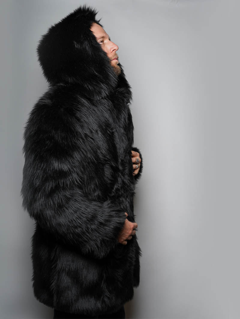 Black Wolf Plaid Hooded Faux Fur Coat | Men&#39;s
