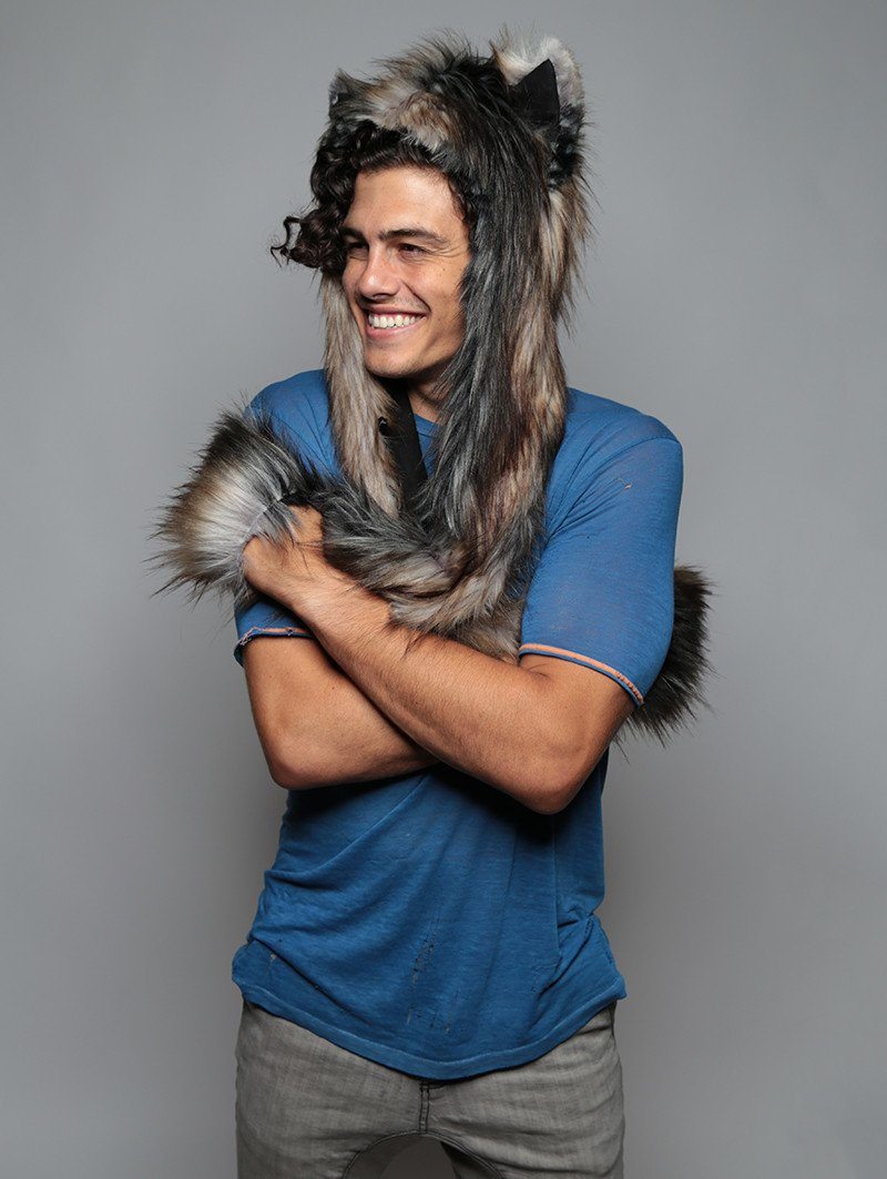 Man wearing faux fur Northern Rocky Mountain Wolf SpiritHood