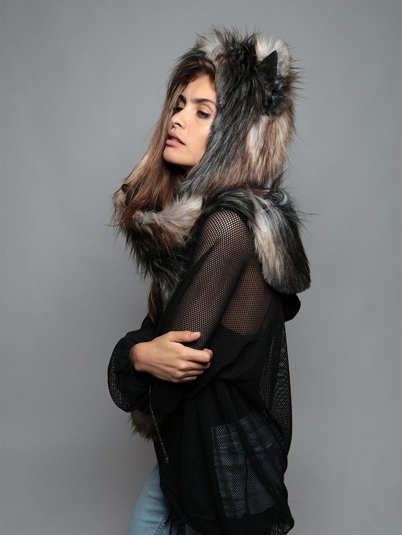 Side View of Northern Rocky Mountain Wolf SpiritHood on Woman
