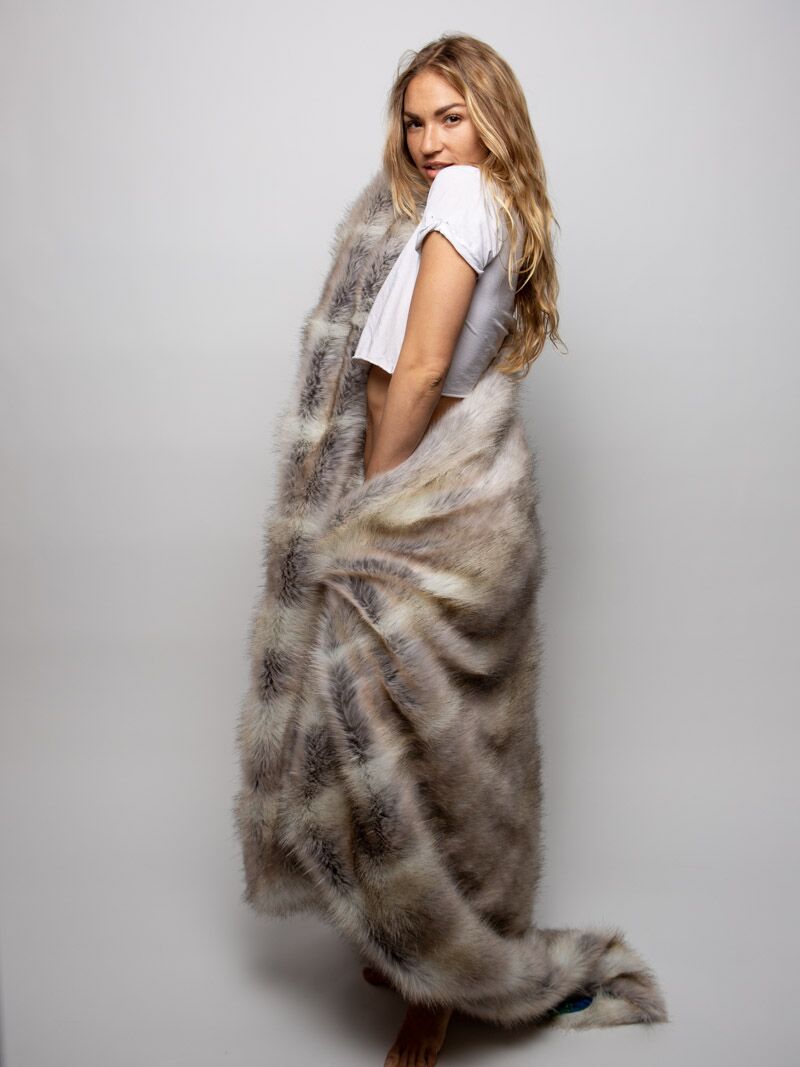 Female Wrapped Up in Timber Wolf Galaxy Faux Fur Throw