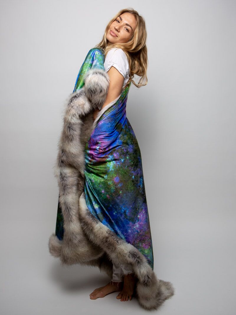 Timber Wolf Galaxy Faux Fur Throw Wrapped Around Female Model