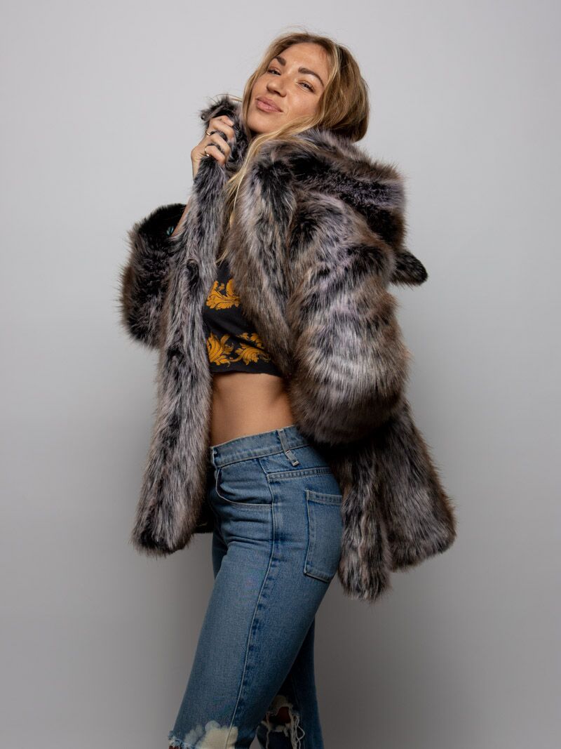 Hooded Faux Fur Coat with LE Grey Wolf Palm Design