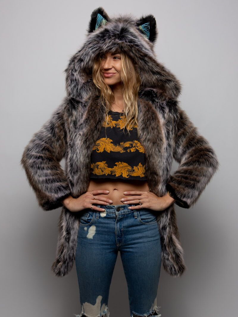 LE Grey Wolf Palm Hooded Faux Fur Coat 
