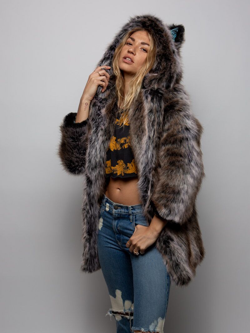 LE Grey Wolf Palm Faux Fur Coat with Hood