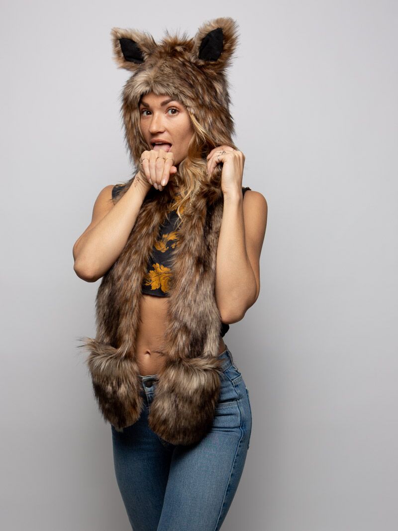 Woman wearing faux fur Fawn Collector Edition SpiritHood, side view 3