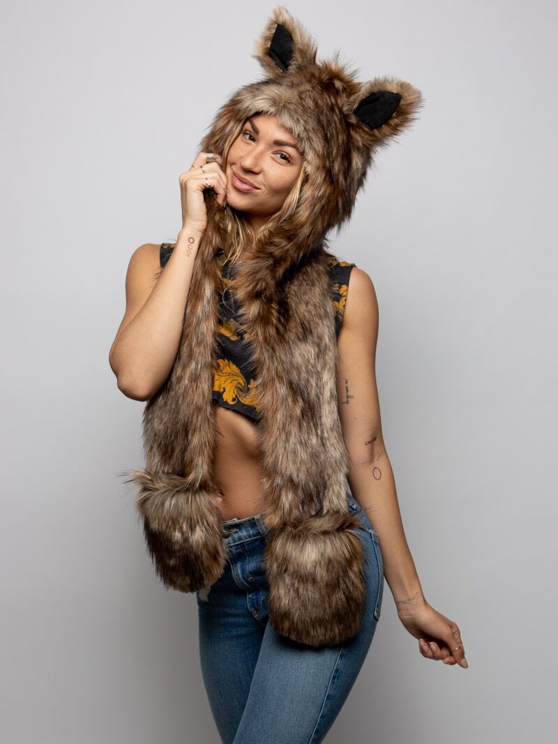 Woman wearing faux fur Fawn Collector Edition SpiritHood