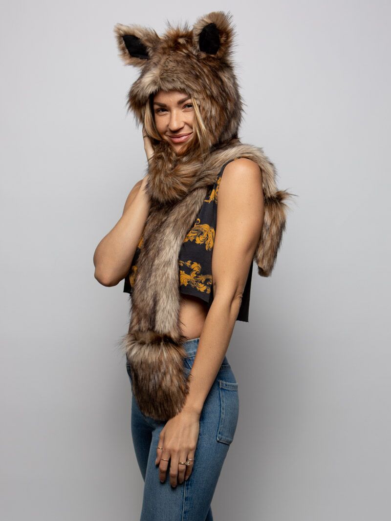 Woman wearing faux fur Fawn Collector Edition SpiritHood, side view 1