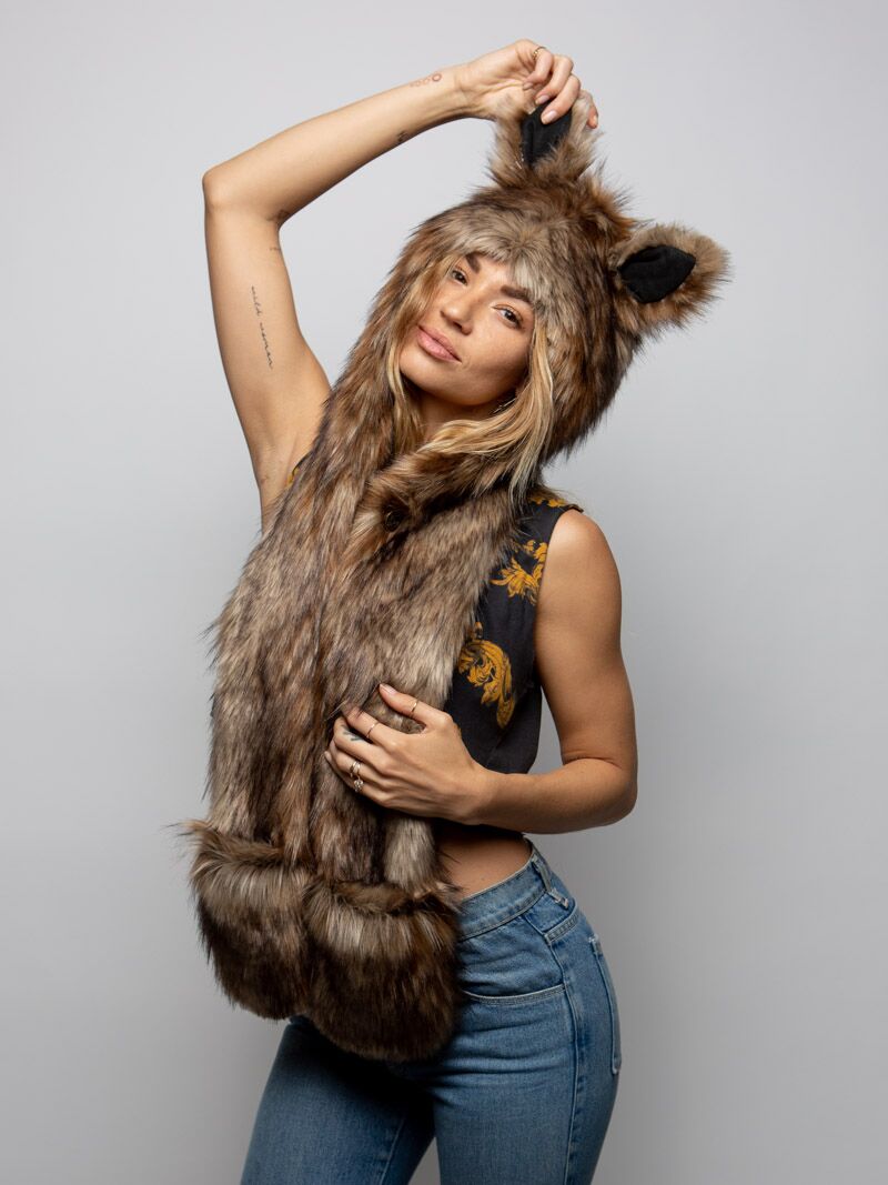 Woman wearing faux fur Fawn Collector Edition SpiritHood, side view