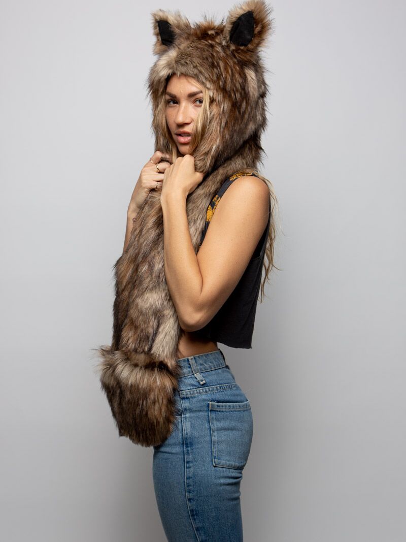 Woman wearing faux fur Fawn Collector Edition SpiritHood, side view 2