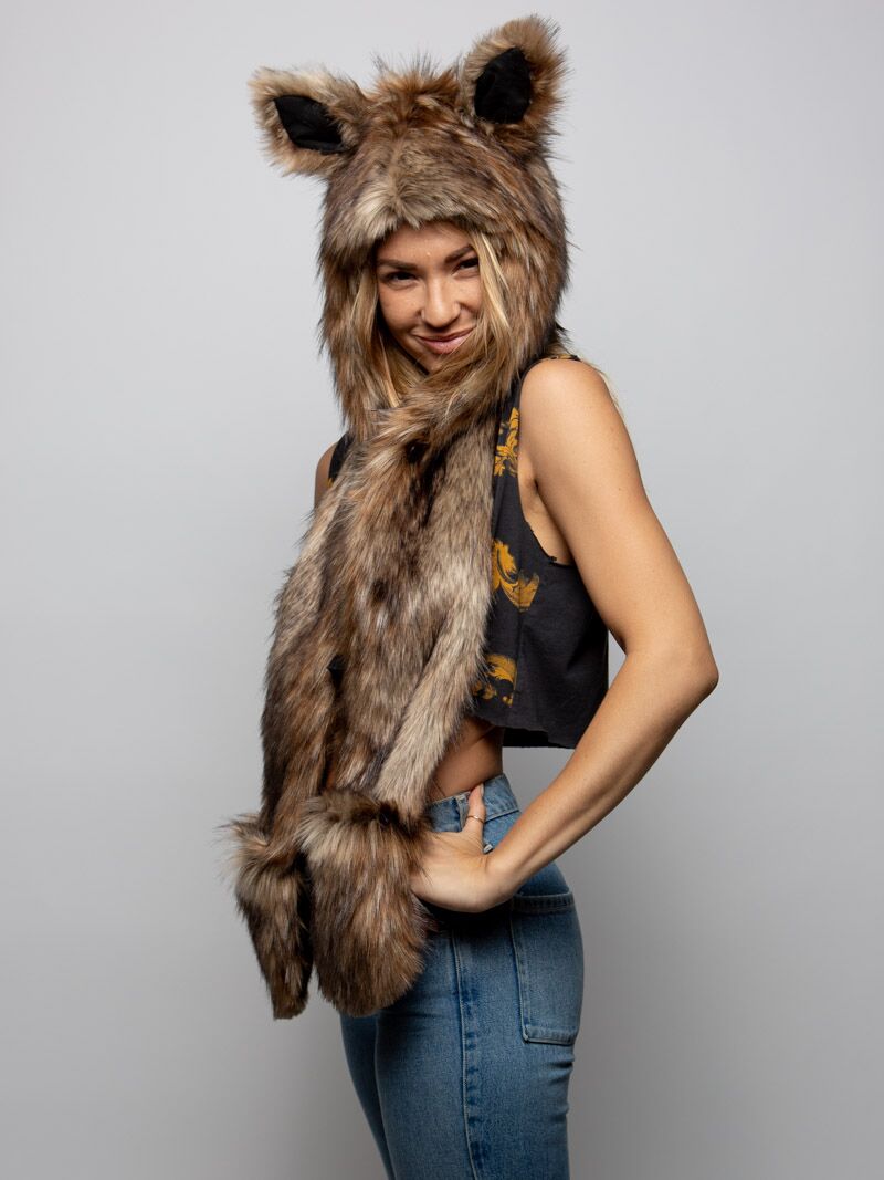 Woman wearing faux fur Fawn Collector Edition SpiritHood, side view 4