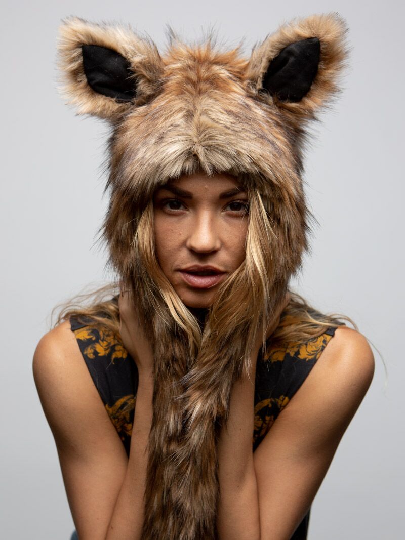 Woman wearing faux fur Fawn Collector Edition SpiritHood, front view