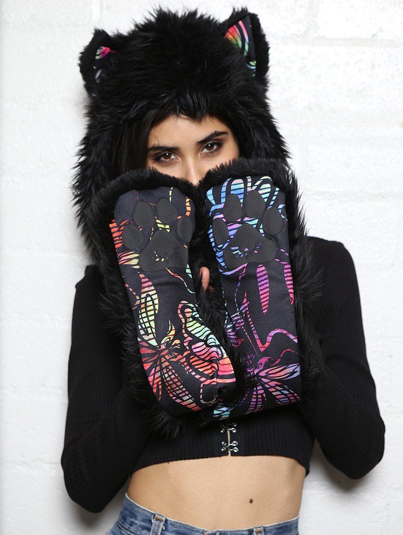 Exterior and Interior View of FauxEva Funky Black Wolf SpiritHood 